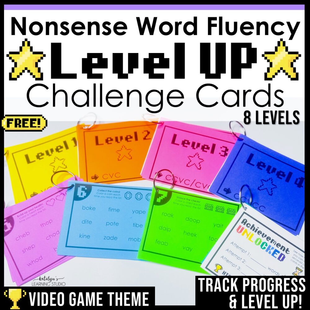 Nonsense word fluency level up challenge cards cover showing 8 levels and video game theme