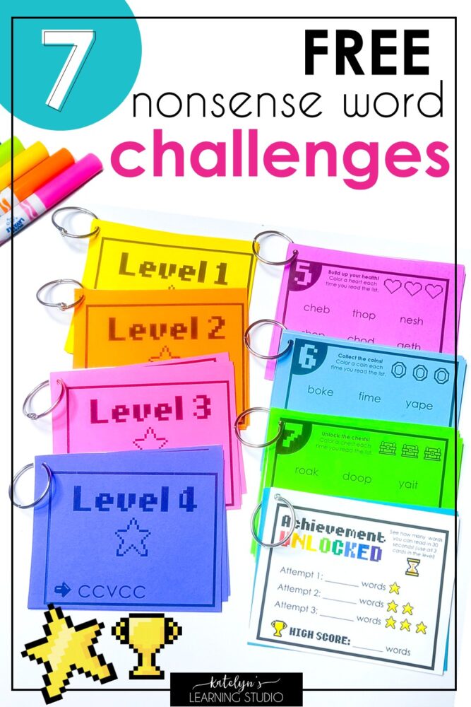 Free printable nonsense word fluency challenge cards with video game theme