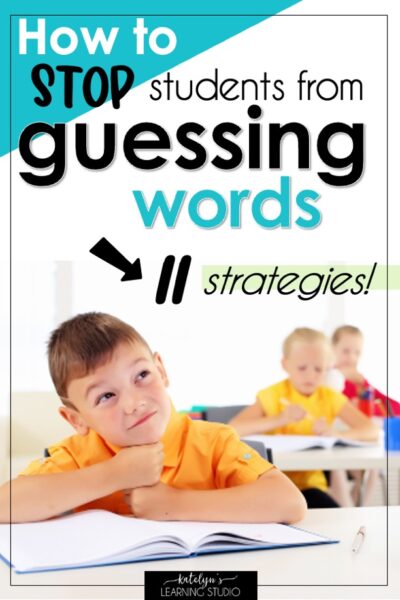 Elementary student at desk with book showing blog post about 11 strategies to stop students from guessing at words