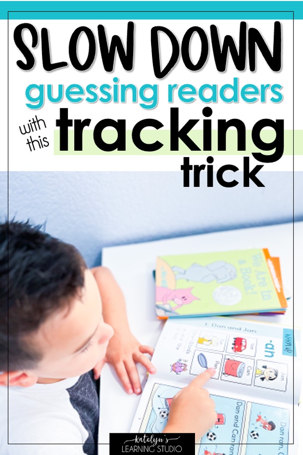 Young boy using finger to track under words on reading worksheet showing physical tracking strategy to stop students from guessing at words