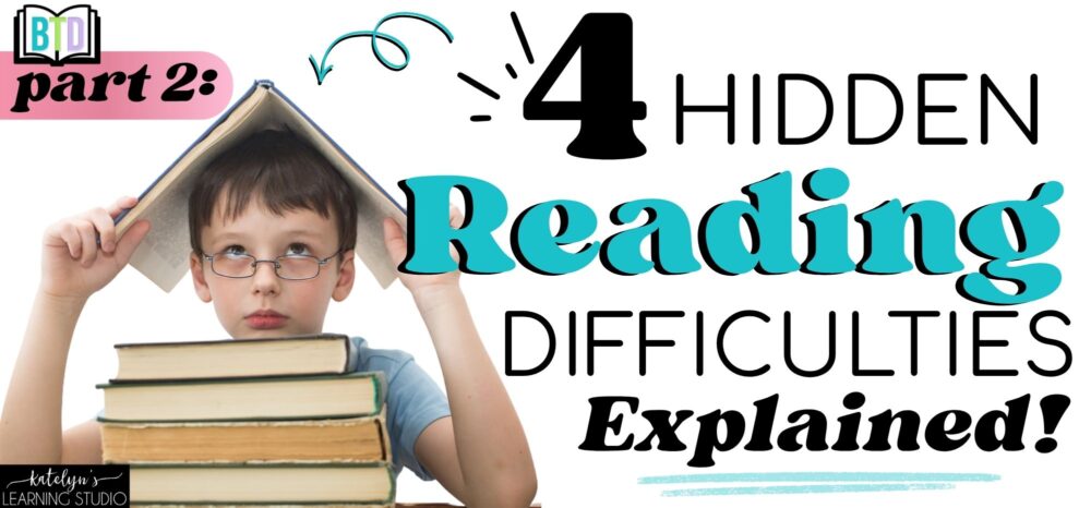 4 hidden reading difficulties explained - boy holding book on head surrounded by stacks of books
