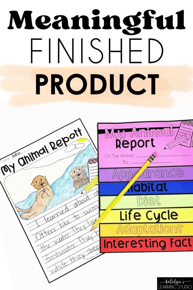 Meaningful finished product for animal research project showing completed flipbook report with appearance, habitat, diet, and life cycle sections