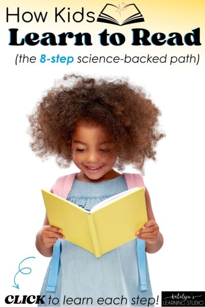 Smiling child reading a yellow book - how kids learn to read in 8 science-backed steps