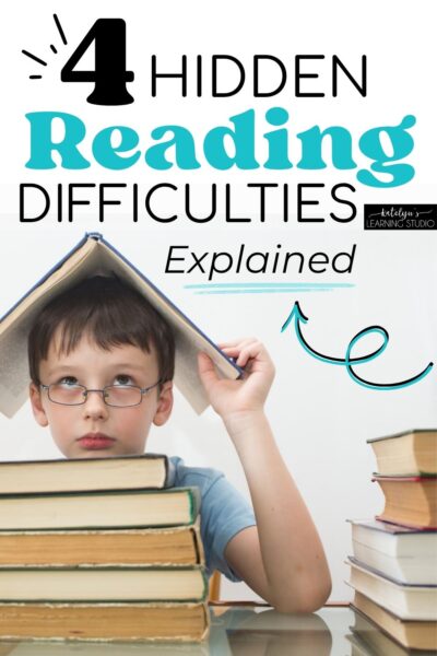 4 hidden reading difficulties explained - boy looking bored holding book on head surrounded by stacks of books