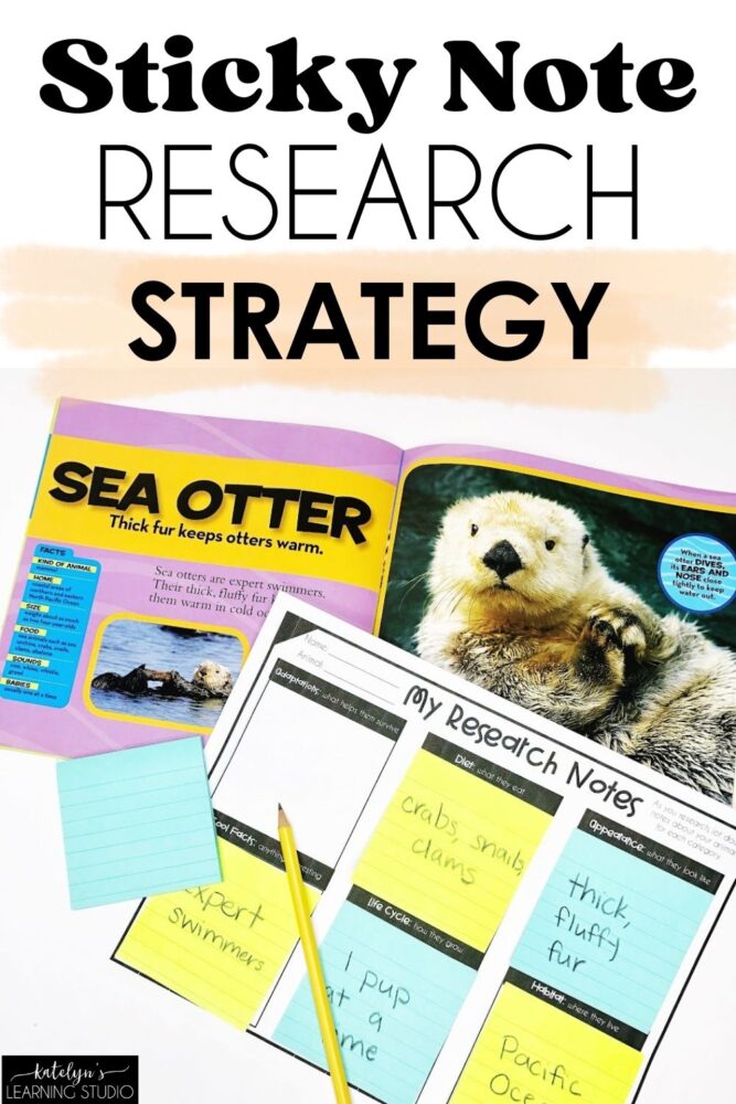 Sticky note research strategy showing sea otter graphic organizer where students place facts on sticky notes in matching categories